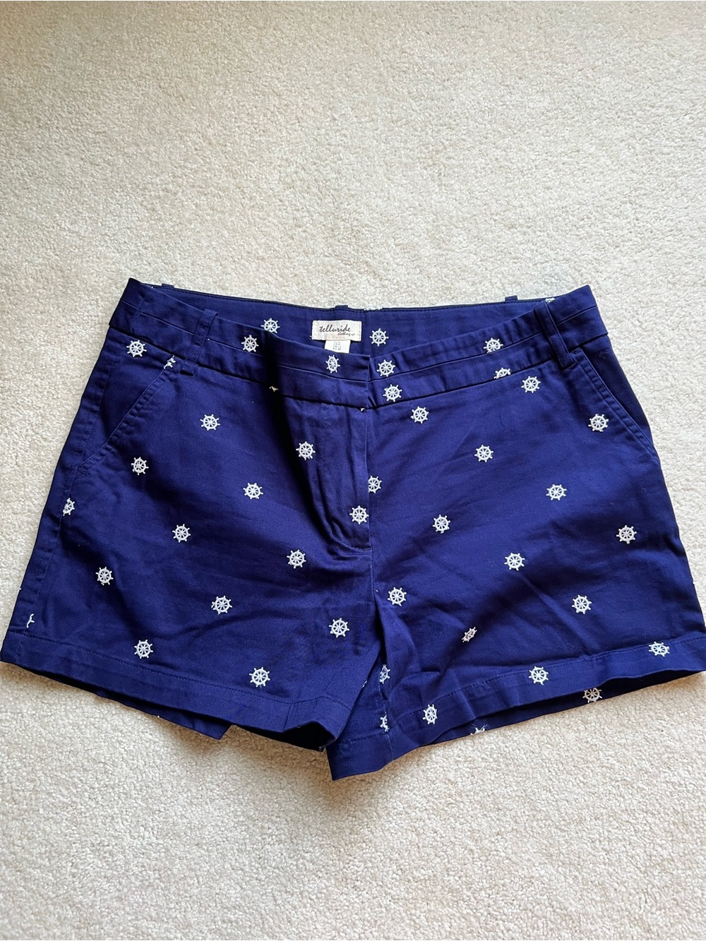 Navy Embroidered Sailwheel Shorts. Size 8